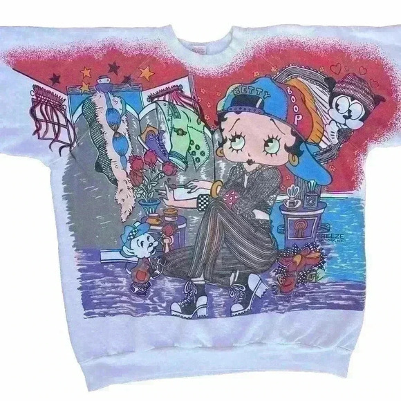 Freeze Tops - Vintage White FREEZE 1994 Betty Boop Crewneck All Over Print Sweatshirt Size XL